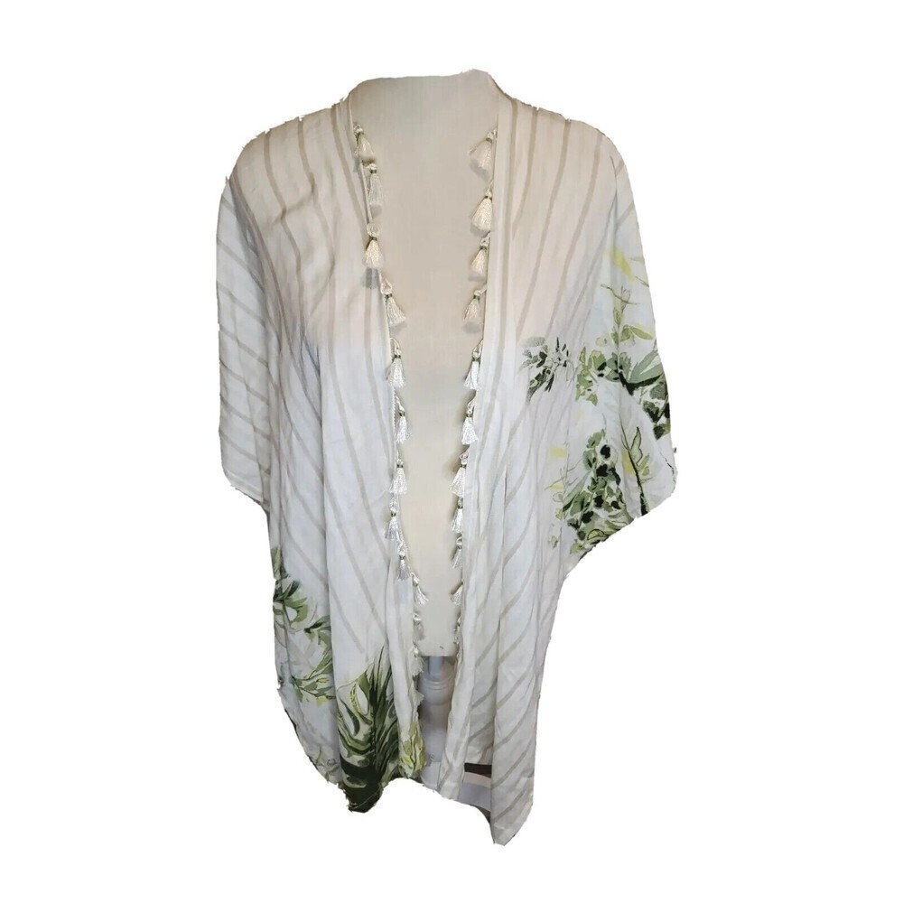 Chicos Botanical Print Ruana Tropical Duster Poncho Kimono Tassle Top S/M